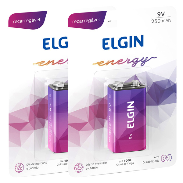 02 Baterias Elgin 9v 250mah Recarregável Alcalina 2 Cartelas