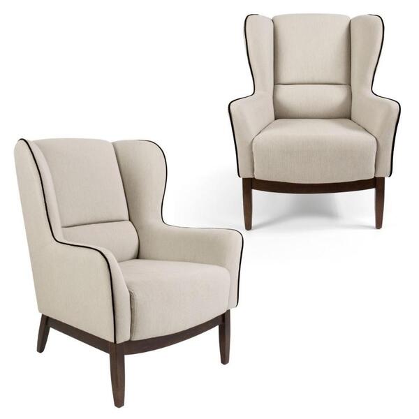 02 Poltronas Bege Com Base Madeira Maciça Meissa