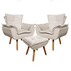 02 Poltronas E 01 Puff Pé Palito De Madeira Opala Suede D03 -