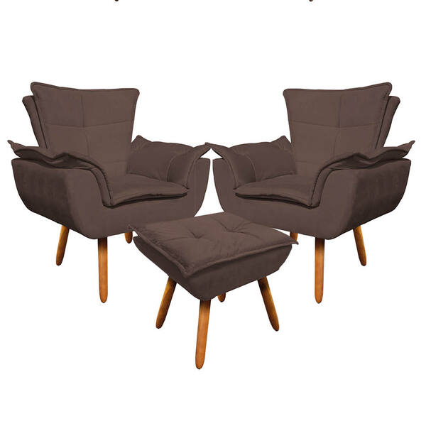 02 Poltronas E 01 Puff Pé Palito De Madeira Opala Suede D03 -