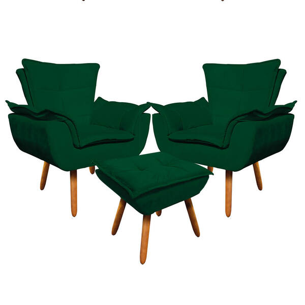 02 Poltronas E 01 Puff Pé Palito De Madeira Opala Suede D03 -