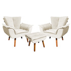 02 Poltronas E 01 Puff Pé Palito De Madeira Opala Veludo Bege