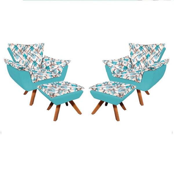 02 Poltronas E 02 Puffs Giratório Opala Suede Azul Turquesa