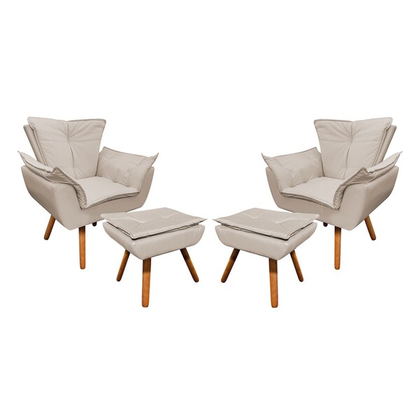 02 Poltronas E 02 Puffs Pé Palito De Madeira Opala Corino D03