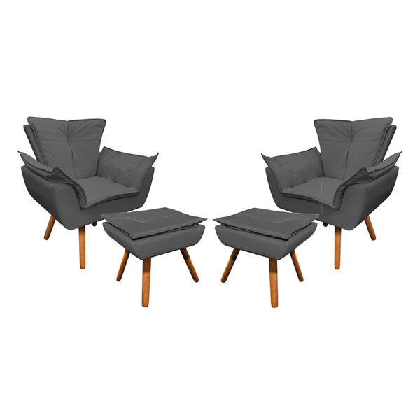 02 Poltronas E 02 Puffs Pé Palito De Madeira Opala Corino D03