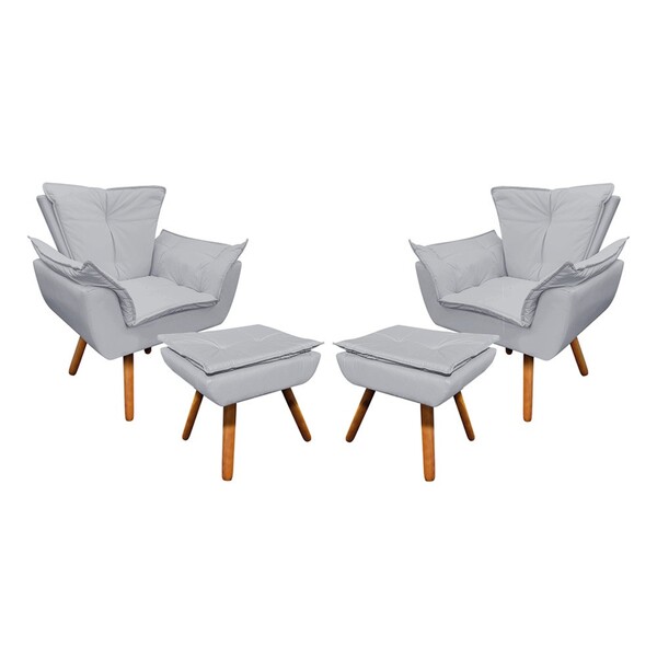 02 Poltronas E 02 Puffs Pé Palito De Madeira Opala Corino D03