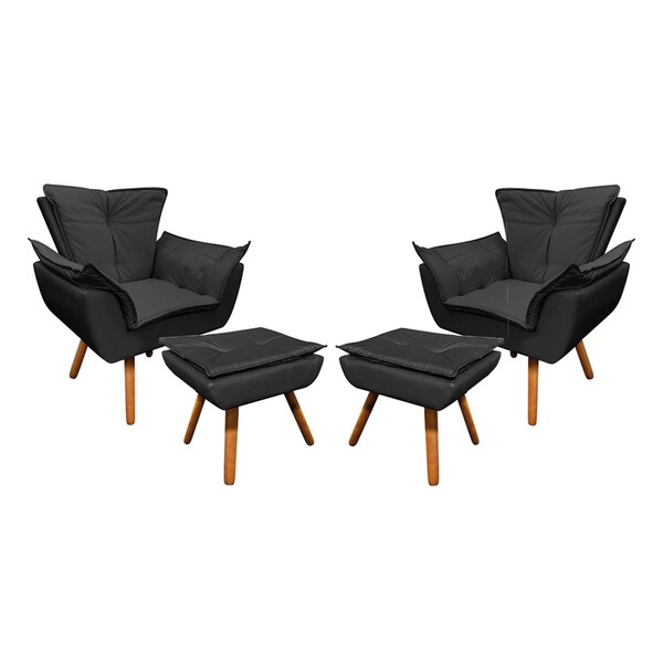 02 Poltronas E 02 Puffs Pé Palito De Madeira Opala Corino D03