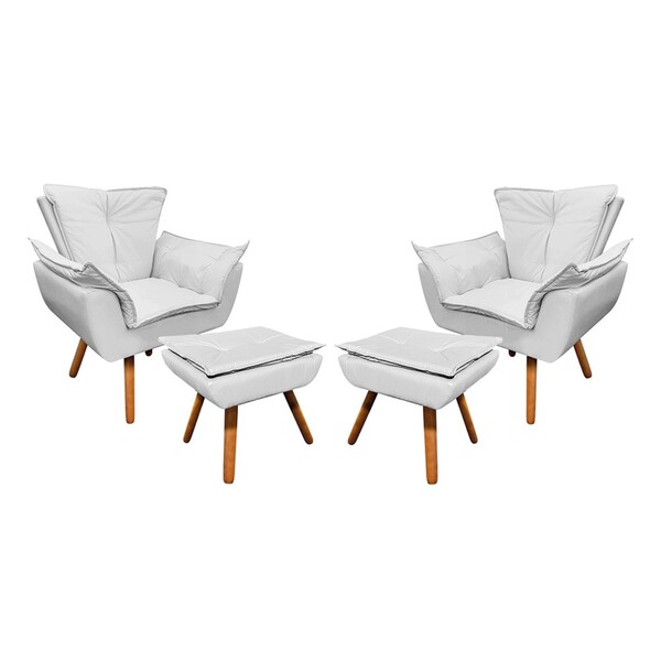 02 Poltronas E 02 Puffs Pé Palito De Madeira Opala Corino D03