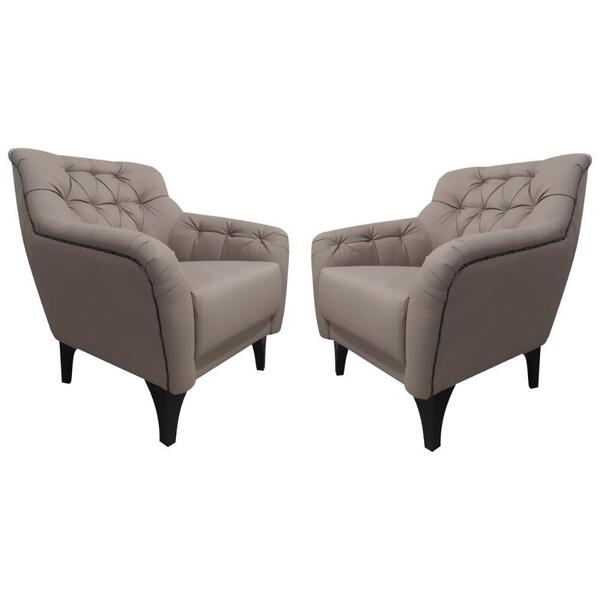 02 Poltronas Em Linho Bege Escuro Com Tachas Pés Shaula