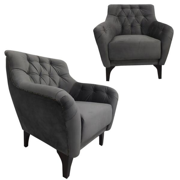 02 Poltronas Em Veludo Cinza Com Tachas Pés Shaula