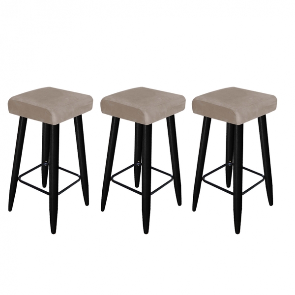 03 Banqueta Decorativas Chloe Suede Bege Pés Palito Preto