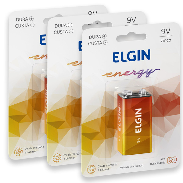 03 Pilhas Bateria 9v Zinco Carvão Elgin 3 Cartelas