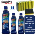 03 Un Saponaceo Reax 400g + 10 Esponja Dupla Face Bettanin