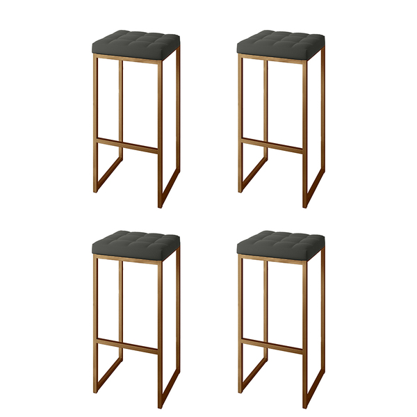 04 Banquetas Lótus Tec. Sintético Cinza Com Botão Base Bronze