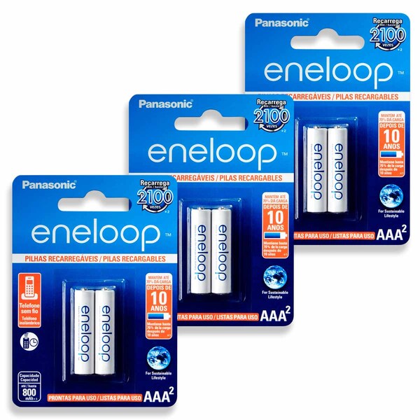 06 Pilha Eneloop Aaa Recarregável 800mah Panasonic 3 Cartela