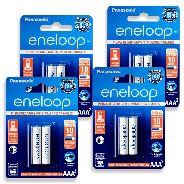 08 Pilha Eneloop Aaa Recarregável 800mah Panasonic 4 Cartela