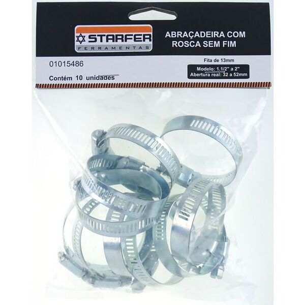 10 Abraçadeira Rosca Sem Fim 13mm Abertura 32 A 52mm Starfer