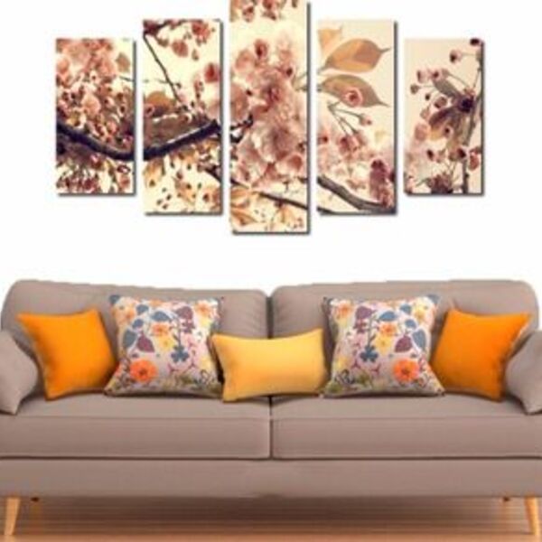 10 Quadro Decorativo Galhos Flores Bege 5 Peças Atacado