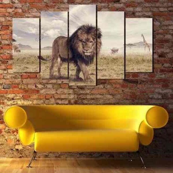 10 Quadro Decorativo Leão Paisagem Selva 5 Peças Atacado