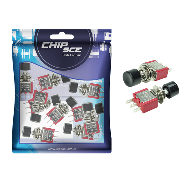 10x Chave Push Button 3 Terminais Sem Trava Ds-612 - Preto