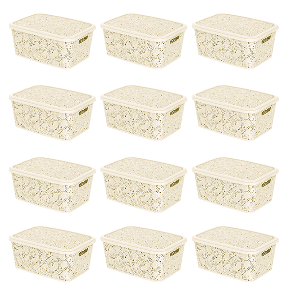 12 Caixas Organizadoras Com Tampa Renda Floral Palha 2,2 Litr