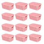 12 Caixas Organizadoras Com Tampa Renda Floral Rosa 2,2 Litro