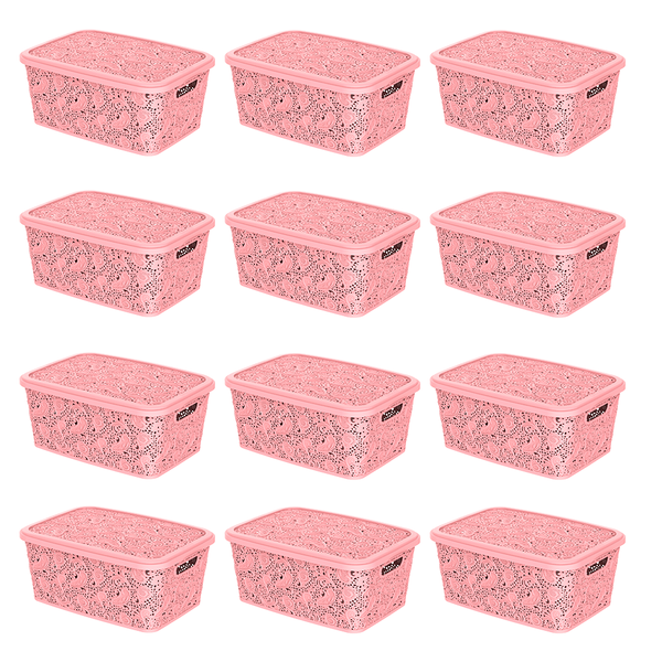 12 Caixas Organizadoras Com Tampa Renda Floral Rosa 2,2 Litro