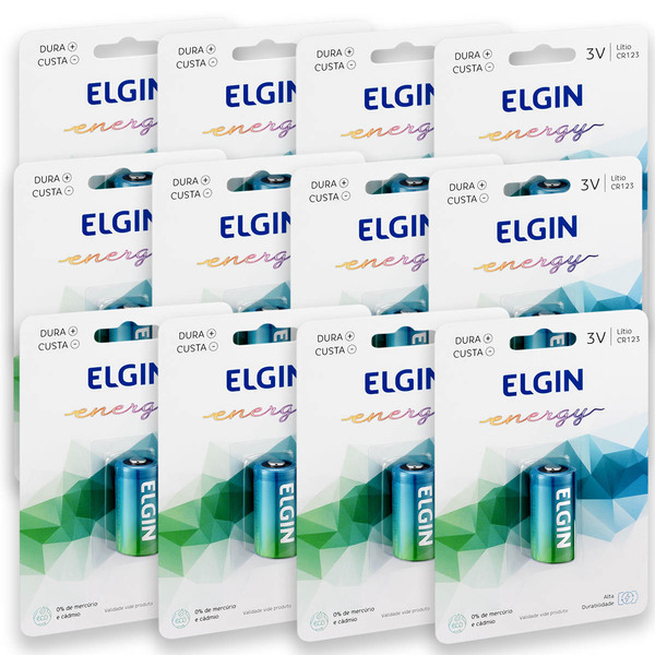 12 Pilhas Bateria Cr123a 3v Elgin 12 Cartelas