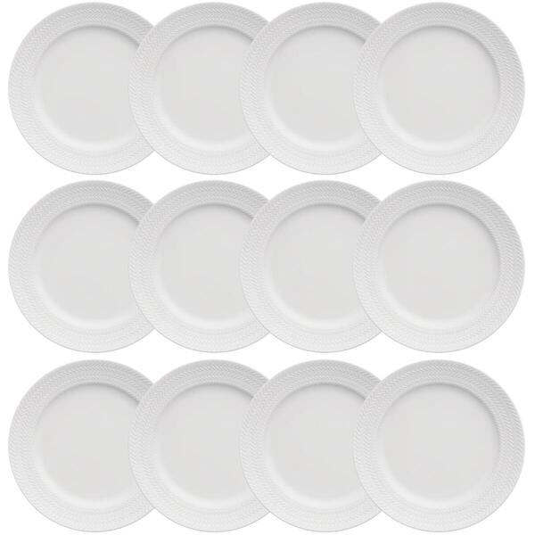 12 Pratos Rasos 26,5cm Porcelana Germer Chevron Branco Redond