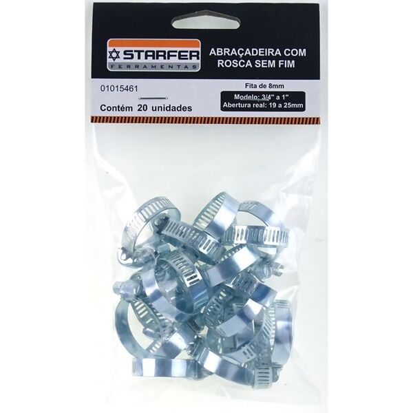 20 Abraçadeira Rosca Sem Fim 8mm Abertura 19 A 25mm Starfer