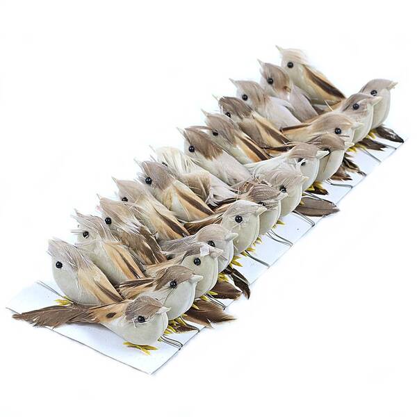 24 Unid. Passarinho Artificial Penas Naturais Marrom 7,5 Cm