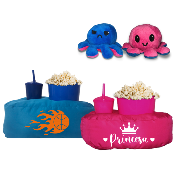 2 Almofadas Porta Pipoca Infantis + 2 Polvos Reversíveis Rosa