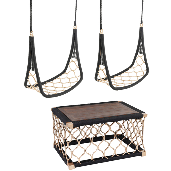 2 Balanços Suspenso E Mesa Tampo De Madeira Em Alumínio Bronz