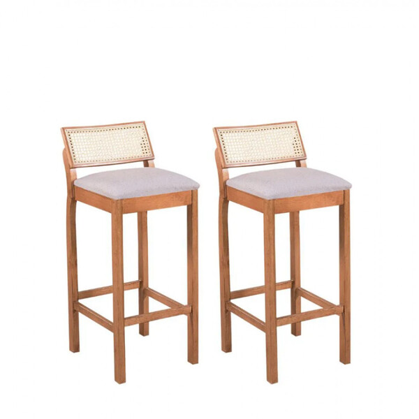 2 Banquetas Helena Em Madeira Maciça E Encosto Com Tela Natur