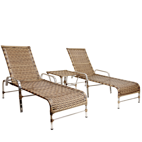 2 Espreguiçadeiras Esteira Catar Em Alumínio + 1 Mesa De Cent