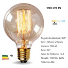 2 Lâmpada Filamento Carbono Retro G95 40w 110v T Edison