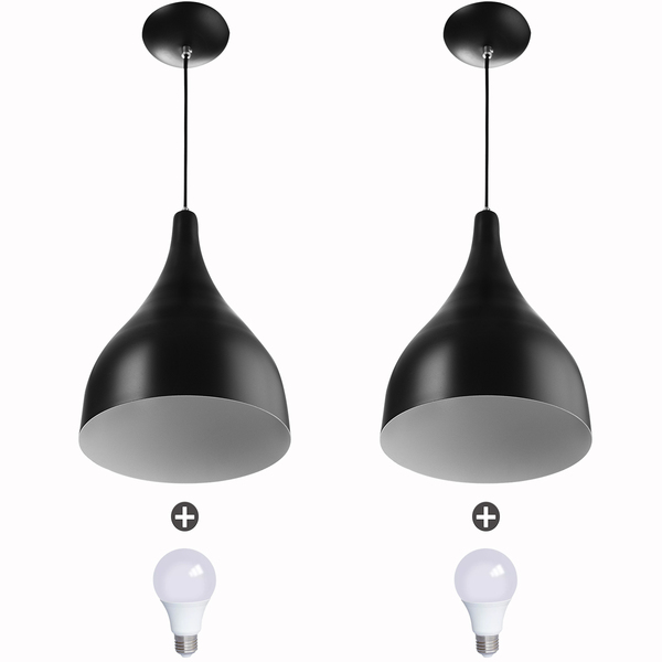 2 Lustres Pendente Gota Pequena Alumínio 21cm Preto + Lampad