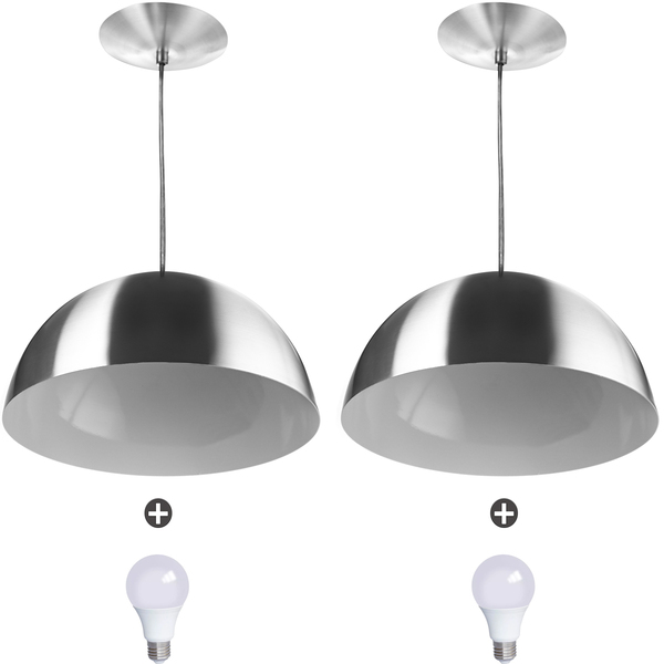 2 Lustres Pendente Meia Lua 40cm Alumínio Escovado + Lampada