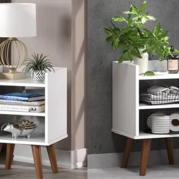 2 Mesa De Cabeceira Apoio Livros Madeira Pés Palito Branco