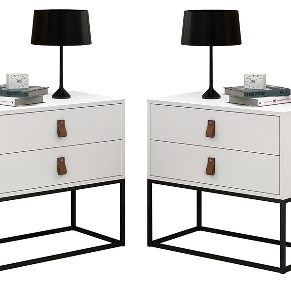 2 Mesas De Cabeceira Com Puxadores De Couro Estilo Industrial