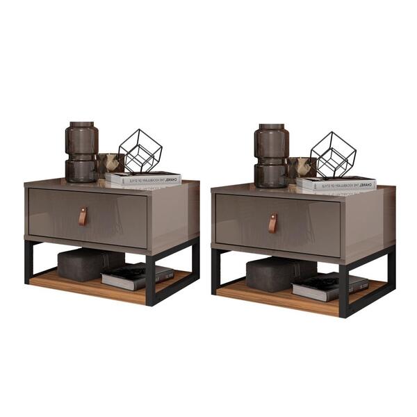 2 Mesas De Cabeceira Suspensa Hampton Cinza E Noce