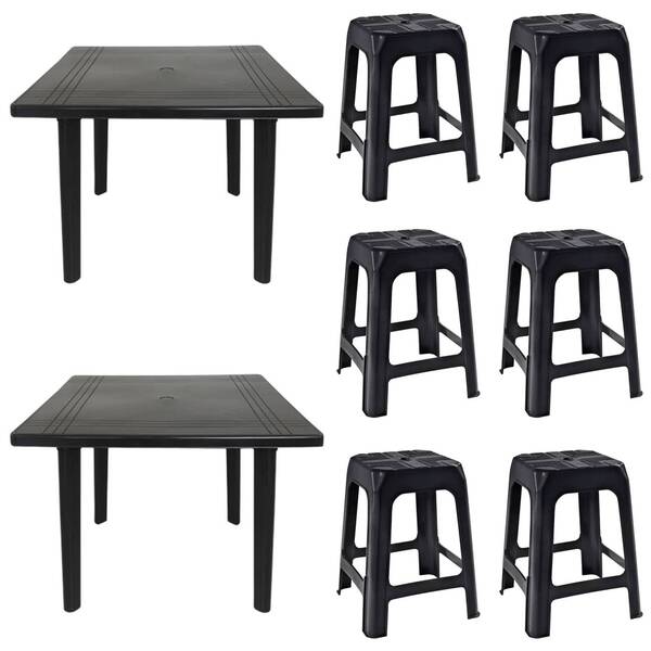 2 Mesas Quadradas Desmontáveis De Plástico 90cm Preta + 6 Ban