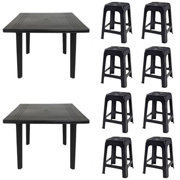 2 Mesas Quadradas Desmontáveis De Plástico 90cm Preta + 8 Ban