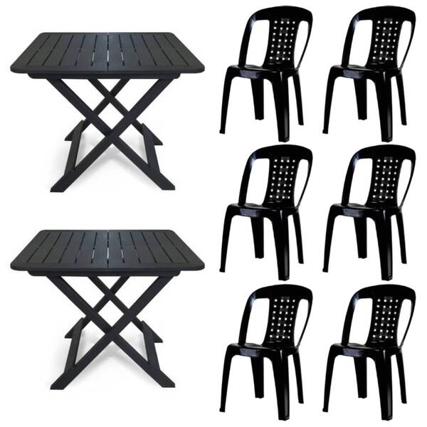 2 Mesas Quadradas Dobráveis 80cm Preta + 6 Cadeiras Vime Empi