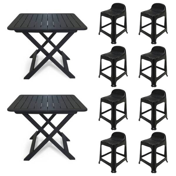2 Mesas Quadradas Dobráveis 80x72cm Preta + 8 Banquetas Com E