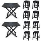 2 Mesas Quadradas Dobráveis 80x72cm Preta + 8 Banquetas Empil
