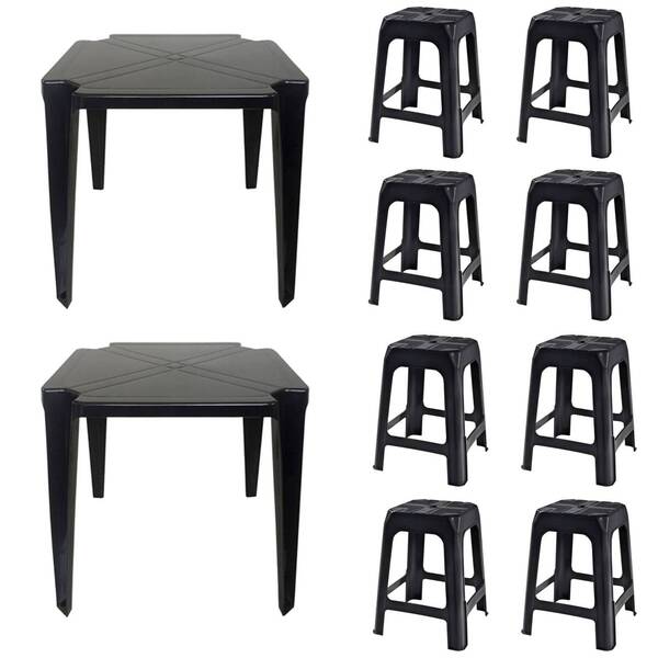 2 Mesas Quadradas Plástico Monobloco 70cm Preta + 8 Banquetas