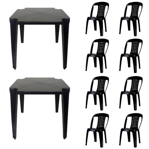2 Mesas Quadradas Plástico Monobloco 70cm Preta + 8 Cadeiras