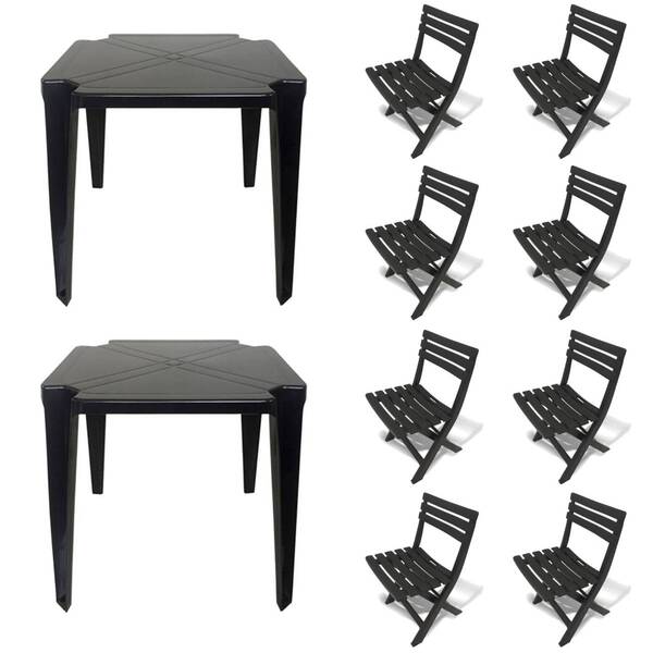 2 Mesas Quadradas Plástico Monobloco 70cm Preta + 8 Cadeiras