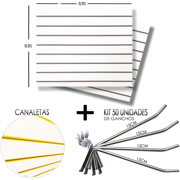 2 Paineis Canaletado - 0,91 X 0,91 + 50 Gancho 15cm + Canalet